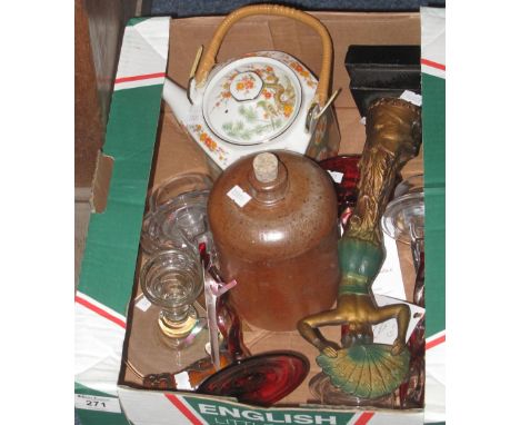 Small box of assorted items to include: Japanese porcelain teapot; ruby glass candlesticks; Art Deco type figurine with fan; 