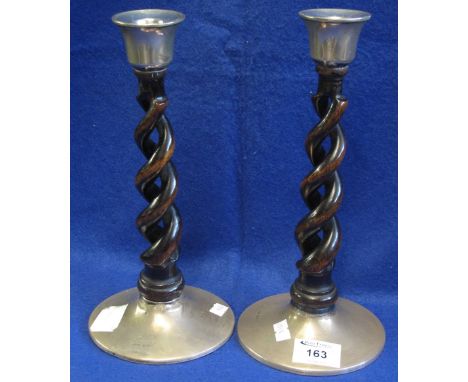 Pair of oak barley twist candlesticks with silver sconces and bases, Chester hallmarks. Charles Perry & Co 1924 (2)(B.P. 24% 
