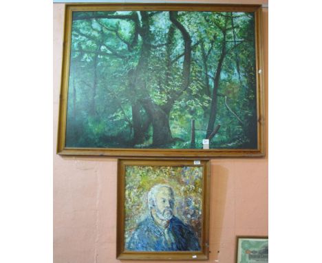 Ivor Thomas, (Welsh, 20th Century), springtime woodland scene with dappled shade, oils on board, signed verso, together with 