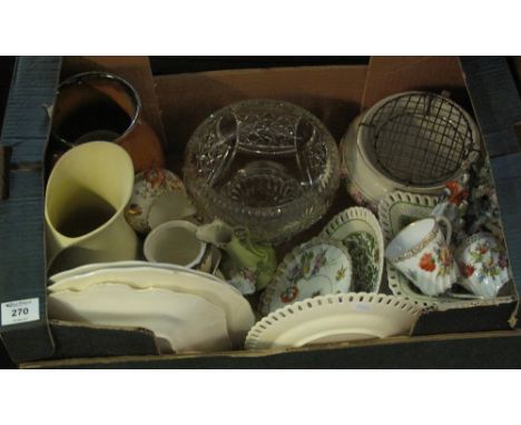 Tray of assorted china to include: Dresden floral cabinet cups and saucers; other Continental vases; floral jugs; Staffordshi