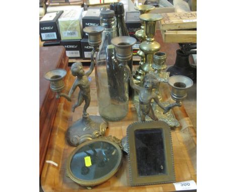 Tray of assorted items to include: vintage glass bottles, one marked: Rogers, Bristol; brass candlesticks; easel picture fram