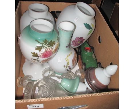 Box of assorted glassware and other items to include: frilled decanter; opaline glass vases; vintage Gillette blades; Vanwall