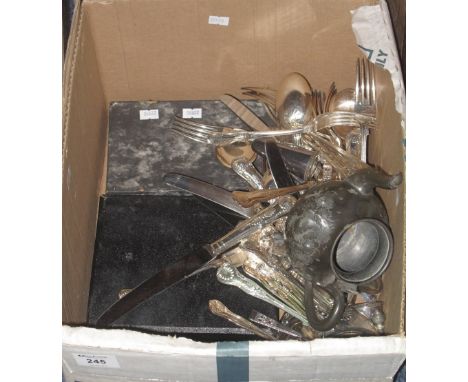 Box of assorted metalware to include: miniature teapot; loose plated cutlery; cased spoons etc.(B.P. 24% incl. VAT) 