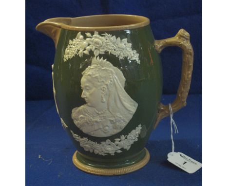 Copeland late Spode green ground, relief decorated, barrel shaped, Queen Victoria Diamond Jubilee 1897 jug with crabstock han