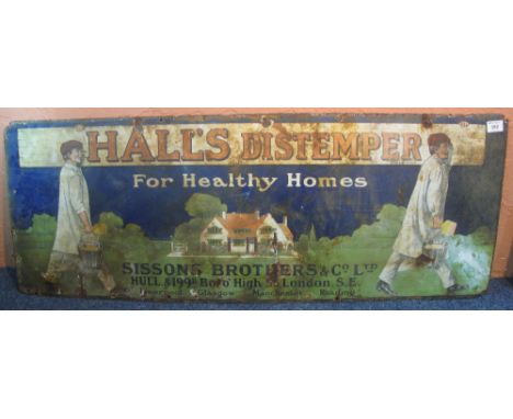 Large horizontal single sided vintage enamel sign: 'Hall's Distemper for Healthy Homes'.(B.P. 24% incl. VAT)   CONDITION REPO