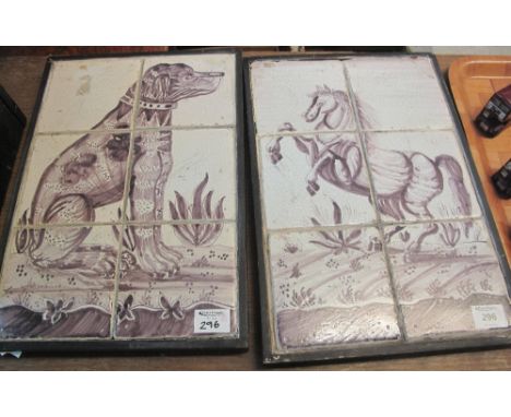 Two panels of six Delft type tin glazed tiles painted with designs of dog and horse. (2)(B.P. 24% incl. VAT)   CONDITION REPO