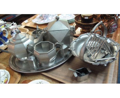 English hand hammered pewter 'Reliable' tea service comprising: teapot; milk jug; two handled sucrier, together with other va