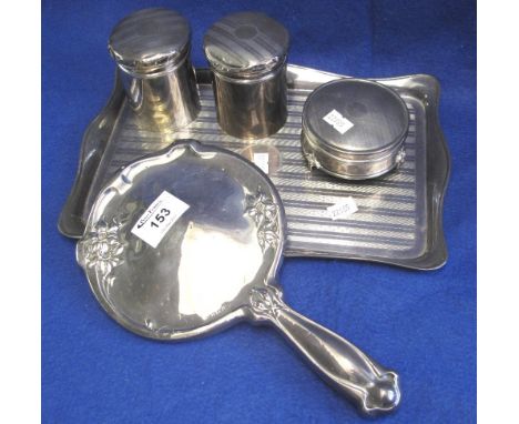 Assorted silver dressing table items to include: hand mirror, Birmingham hallmark and an engine turned silver rectangular tra