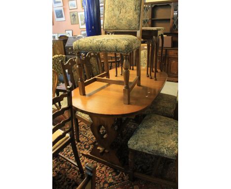 Reproduction oak dining suite comprising 'D' ended, extending refectory table and six high backed 17th Century style tapestry