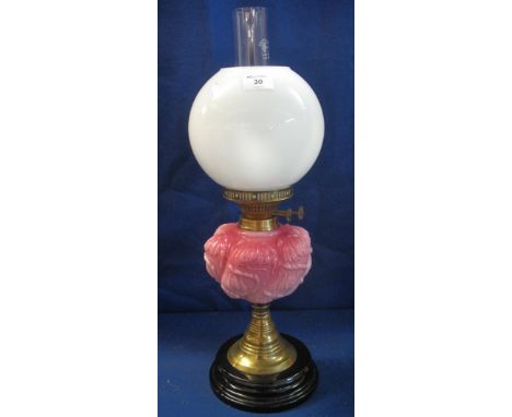 Early 20th Century oil lamp, now converted to electricity, with coloured glass relief reservoir, brass pedestal and ceramic b