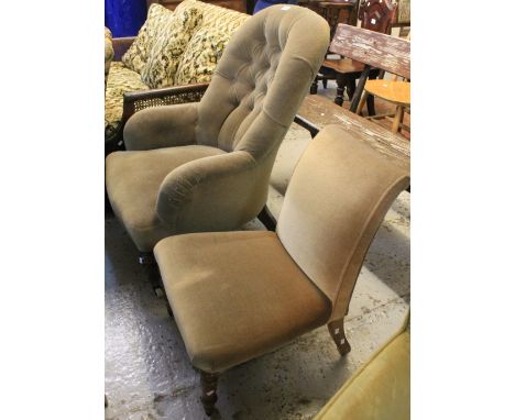 Late 19th/early 20th Century button back upholstered armchair on turned legs and ceramic casters, together with a small uphol