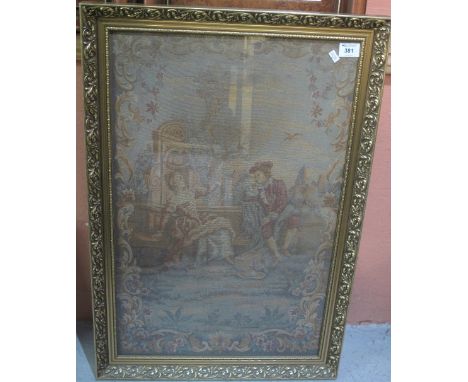 Framed tapestry panel, 18th Century figures in a garden.(B.P. 24% incl. VAT)