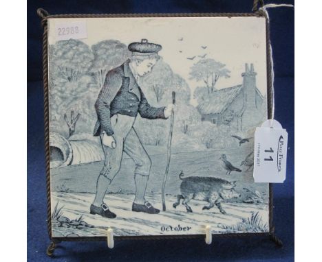 Josiah Wedgwood and Sons transfer printed tile, emblematic of the seasons, 'October', now in a wirework frame to form teapot 