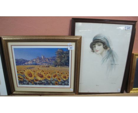 After Lionel Aggell, 'Sunflowers, Dordogne', a limited edition coloured print, signed in pencil, together with an Art Deco pe