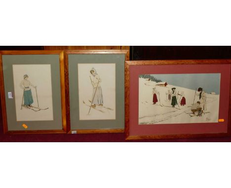 C Pellogrini - Skiers, print, 25 x 40cm; and two others (3)