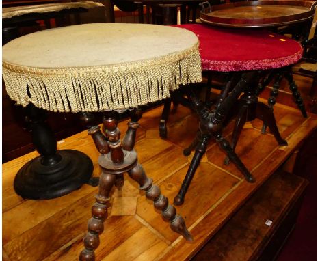 Three various circa 1900 turned and bobbin turned 'gypsy' tables, each with fabric covered top surfaces; together with a 19th