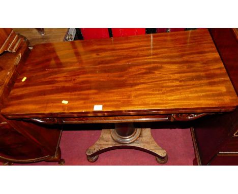 An early Victorian mahogany round cornered fold-over pedestal card table, raised on quatraform base, w.91.5cm 