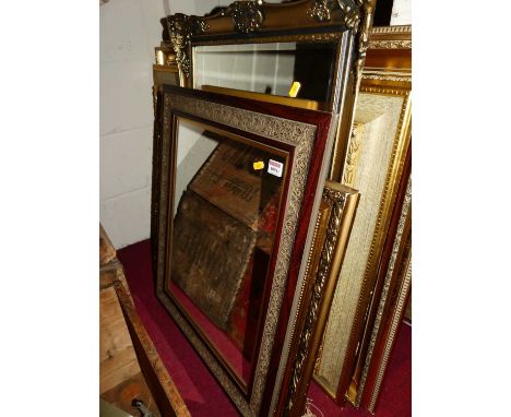 A reproduction gilt framed rectangular wall mirror, 80 x 56cm; two other mirrors; and a landscape print and one other (5)
