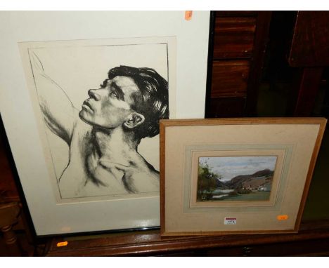 Louis Thomson - Youth, monochrome print, 37x27cm, and alpine landscape - watercolour (2)