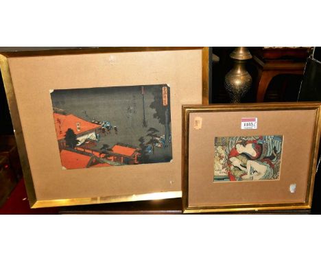 An erotic Japanese woodblock print, early 20th century, signed and with studio seal, 10 x 14cm; and one other Japanese woodbl