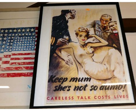 Reproduction WWII propaganda print "Careless Talk Costs Lives", 74x51cm, and one other for the New York Graphic Society entit