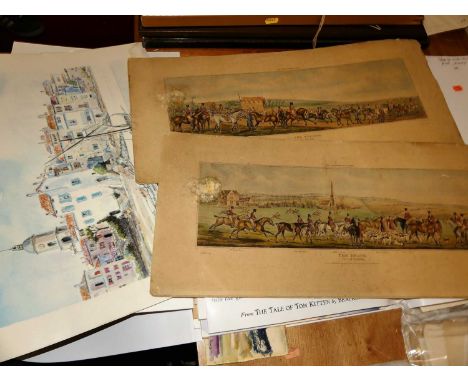 A folio of watercolours, prints and drawings, to include David Shepherd print 