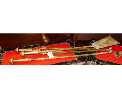 Early 20th century brass sundry fire tools, to include shovel, poker, and tongs (3)
