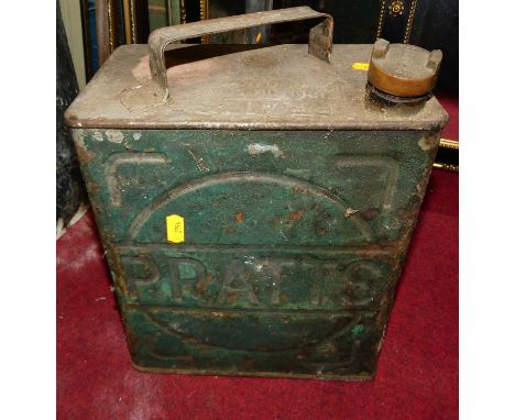A Pratt's metal fuel can; together with a fitted wooden tool chest and one other, both with some contents (3)