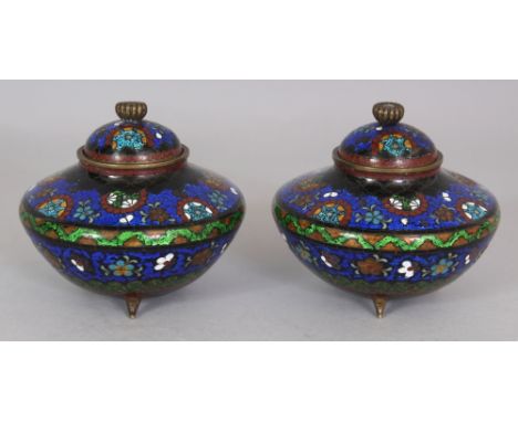 A PAIR OF JAPANESE MEIJI PERIOD CLOISONNE TRIPOD KORO & COVERS, each decorated in opaque and translucent enamels, 3.75in wide