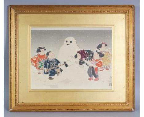 A 20TH CENTURY FRAMED JAPANESE PRINT BY KONOBU, in a good quality gilt wood frame, the print depicting boys playing in the sn