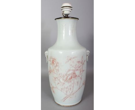 AN UNUSUAL 19TH/20TH CENTURY CHINESE ENAMEL DECORATED WHITE GLAZED PORCELAIN VASE, fitted for electricity, the sides painted 