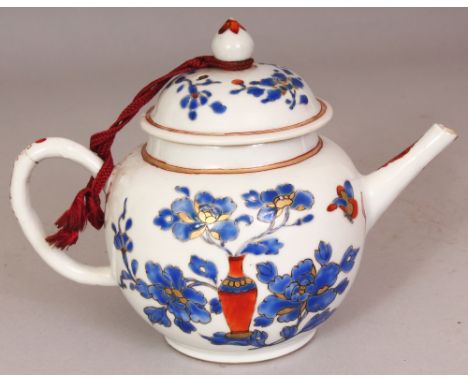 A CHINESE QIANLONG PERIOD ENAMELLED PORCELAIN TEAPOT & COVER, painted in blue enamel, iron-red and gilding with two scenes of