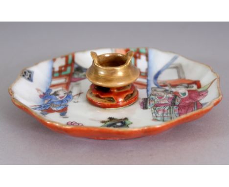 A VERY UNUSUAL LATE 19TH CENTURY CHINESE FAMILLE ROSE PORCELAIN DISH, moulded to its centre with a bronze-form censer on stan