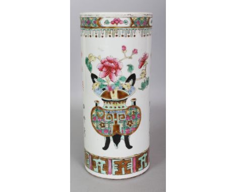 A 20TH CENTURY CHINESE FAMILLE ROSE CYLINDRICAL PORCELAIN VASE, painted with calligraphy and with flowers in bronze-form cens