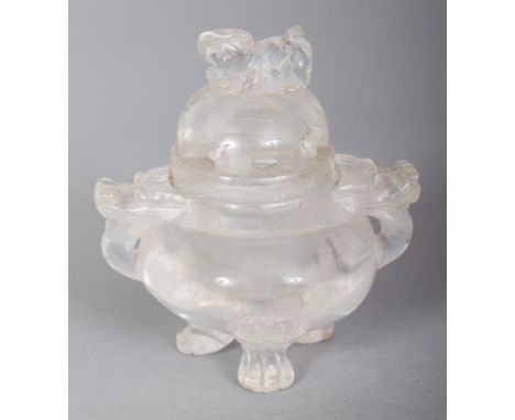 A 20TH CENTURY CHINESE MINIATURE ROCK CRYSTAL TRIPOD CENSER & COVER, 2.3in wide at widest point & 2.7in high overall.