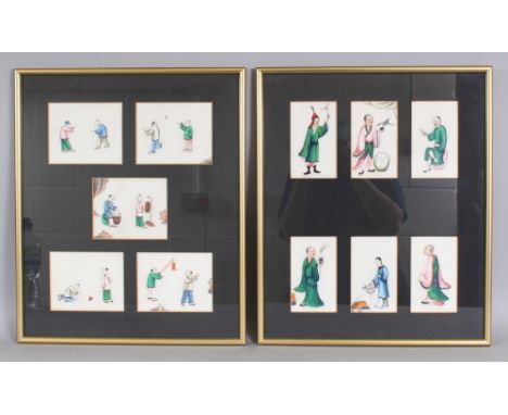 A PAIR OF 19TH CENTURY FRAMED CHINESE PAINTINGS OF RICE OR PITH PAPER, one frame containing five paintings of playing boys, t