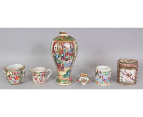 A GROUP OF 19TH CENTURY CHINESE CANTON PORCELAIN WARES, comprising a vase, a box and cover, two further boxes, a teapot and a