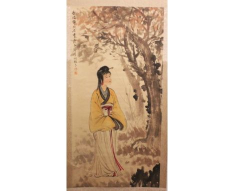 ANOTHER CHINESE HANGING SCROLL PICTURE ON PAPER, depicting a lady standing beneath an overhanging tree, and bearing calligrap