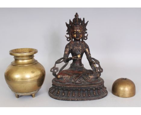 A CHINESE LACQUERED BRONZE FIGURE OF AMITAYUS BUDDHA, seated in dhyanasana on a lotus plinth, 8.1in wide at widest point of b