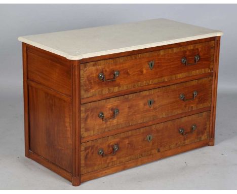 A late 18th century French cherry three-drawer commode with a later marble top and fluted corners, height 72cm, width 111cm, 