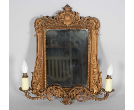 A late Victorian gilt painted cast metal girandole wall mirror, height 54cm, width 52cm.