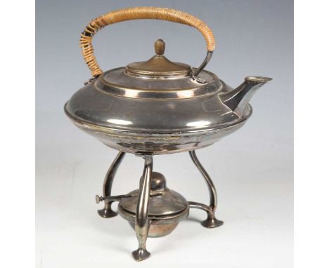 A late Victorian Arts and Crafts silver plated kettle-on-heater stand by W.A.S. Benson, diameter 21cm.