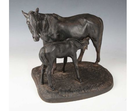 A mid-20th century Russian cast iron model of a mare and foal by the Kasli foundry, bearing indistinct signature and dated fo