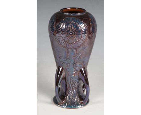 An early 20th century Wileman &amp; Co Foley China Spano-Lustra vase, the high-shouldered body with four loop handles to the 