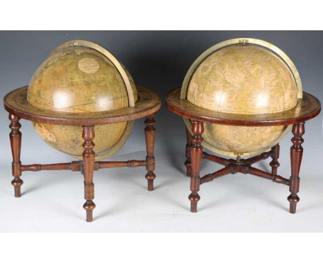 A very near pair of mid-19th century Smith's terrestrial and celestial table-top library globes, the terrestrial globe 'conta
