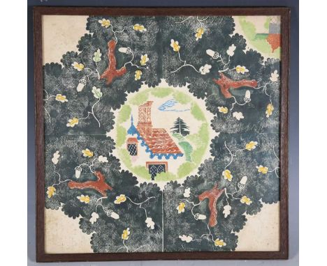 Edward Bawden (1903-1989) - Vignette of Rooftop within a Surround of Foliage, Acorns and Oak Leaves, linocut, signed, dated a