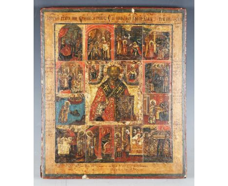 A Russian painted wooden icon panel, probably 19th century, depicting Saint Nicholas of Myra within a surround of vignettes s