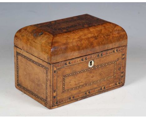 A Victorian walnut and chequer banded tea caddy, width 21cm.