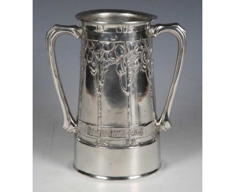 A Liberty &amp; Co 'Tudric' pewter two-handled vase, designed by David Veasey, model number '010', the body cast in relief wi