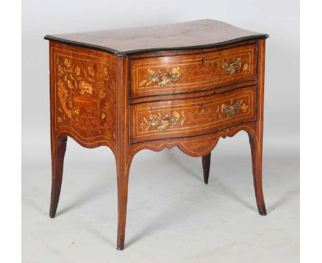 A 19th century Dutch walnut and floral marquetry two-drawer commode, profusely decorated with flower-charged urns and foliage